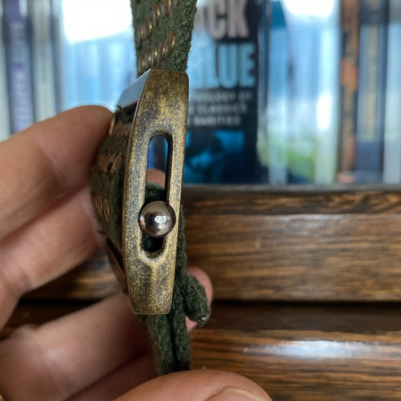 Vintage Boho Army Green Canvas Belt Brass Rivet Detail/Buckle Auto-Lock L/XL - Picture 5 of 9